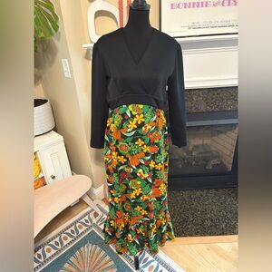 Vintage 1960s Black Green Floral Leslie Fay Dress